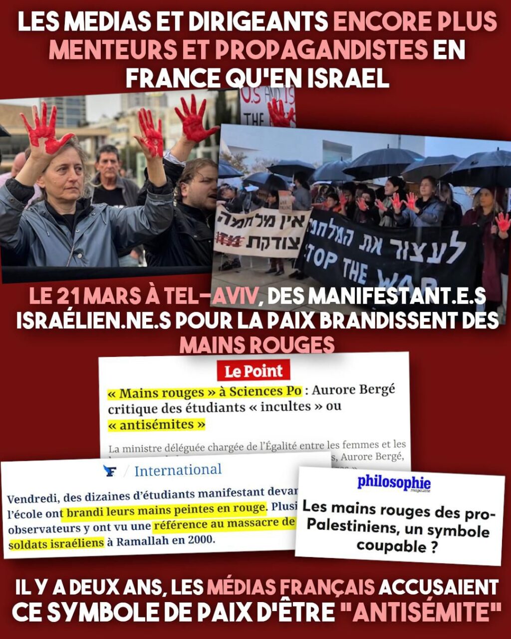 Le 21 mars, une manifestation voyant des dizaines de personnes brandir des mains rouges pour dénoncer les crimes de l