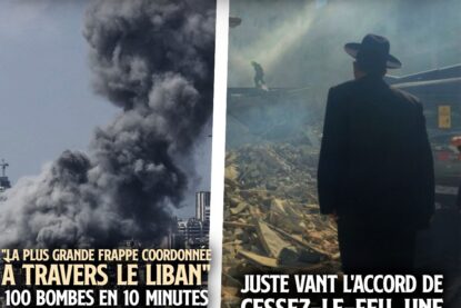 À gauche les bombardement sur Beyrouth, à droite une synagogue détruite par Israël à Téhéran.