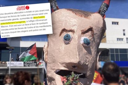 Une grosse tête de carnaval caricaturant Macron, des missiles au-dessus des oreilles et des petits soldats sortant de sa bouche.