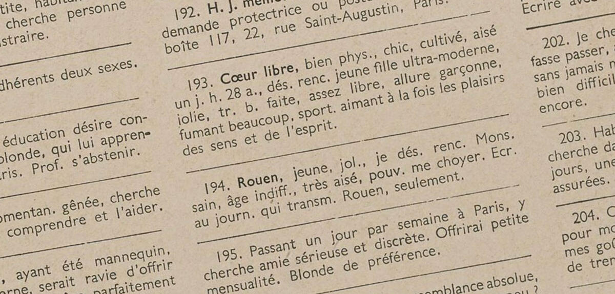 Page des petites annonces du journal «Séduction» n°4, 25/11/1933