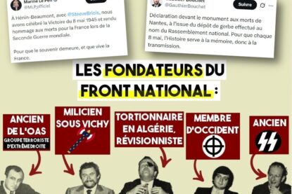 Les fondateurs du Front National : Roger Holeindre, François Brigneau, Jean-Marie Le Pen, Alain Robert et Pierre Bousquet, qui se battait en uniforme SS dans les rues de Berlin jusqu