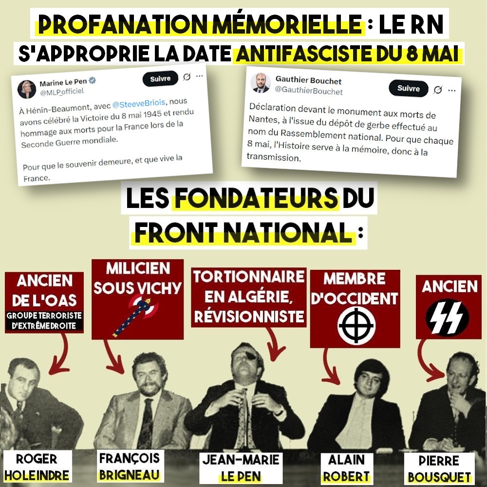 Les fondateurs du Front National : Roger Holeindre, François Brigneau, Jean-Marie Le Pen, Alain Robert et Pierre Bousquet, qui se battait en uniforme SS dans les rues de Berlin jusqu
