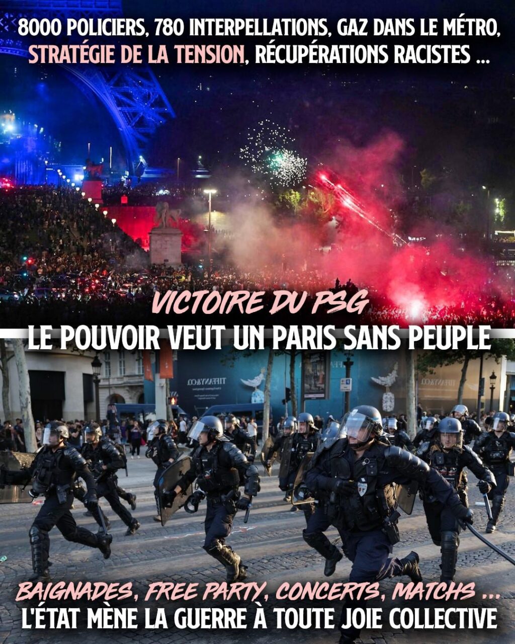 En haut les supporters du PSG fêtent la victoire en coupe d