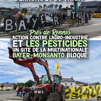 Devant le site de recherche et développement de Bayer-Monsanto, des tracteurs paysans bloquent l