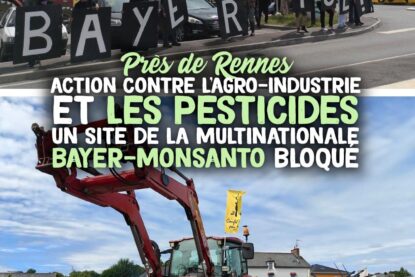 Devant le site de recherche et développement de Bayer-Monsanto, des tracteurs paysans bloquent l