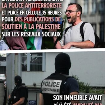 Gabriel crie son soutien à la Palestine dans un mégaphone : il a été perquisitionné par la police anti-terroriste pour avoir dénoncé un génocide.