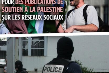 Gabriel crie son soutien à la Palestine dans un mégaphone : il a été perquisitionné par la police anti-terroriste pour avoir dénoncé un génocide.