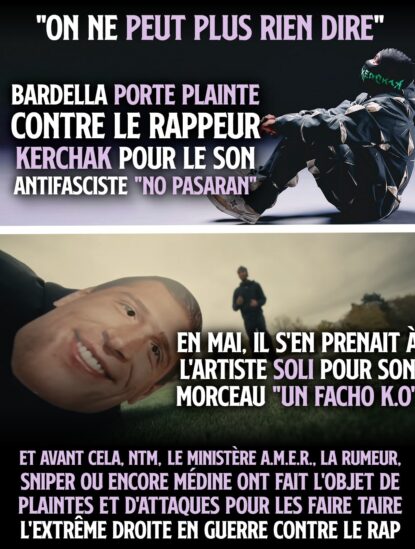 En haut Kerchak, en bas Soli : deux artistes qui voient le RN porter plainte pour leurs textes antifascistes.