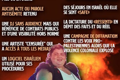 Barbara Butch derrière ses platines, sur fond de bombardement en Palestine.