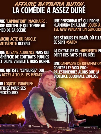 Barbara Butch derrière ses platines, sur fond de bombardement en Palestine.
