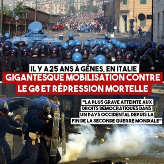 Pour le G8 de Gênes, des manifestants font face à des policiers casqués en haut, Carlo Giuliani reste à terre après avoir été abattu en bas.
