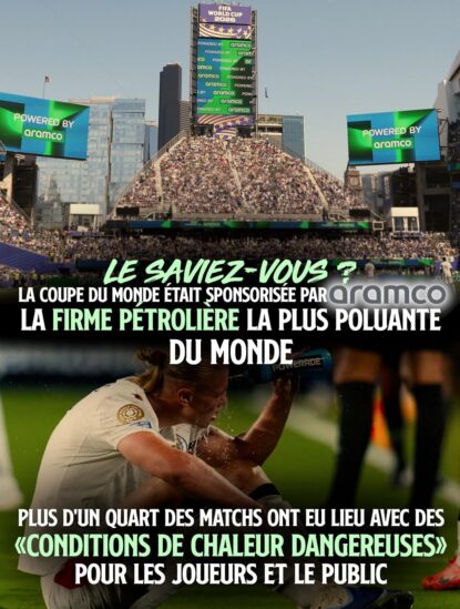 Des publicités pour le géant pétrolier Aramco partout dans les stades de la coupe du monde, alors que les joueurs doivent faire des pauses fraîcheur et jouent en pleine canicule.