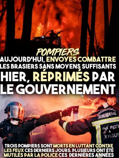 En haut un feu dévastateur en Gironde, en bas un pompier gazé à bout portant par un gendarme.