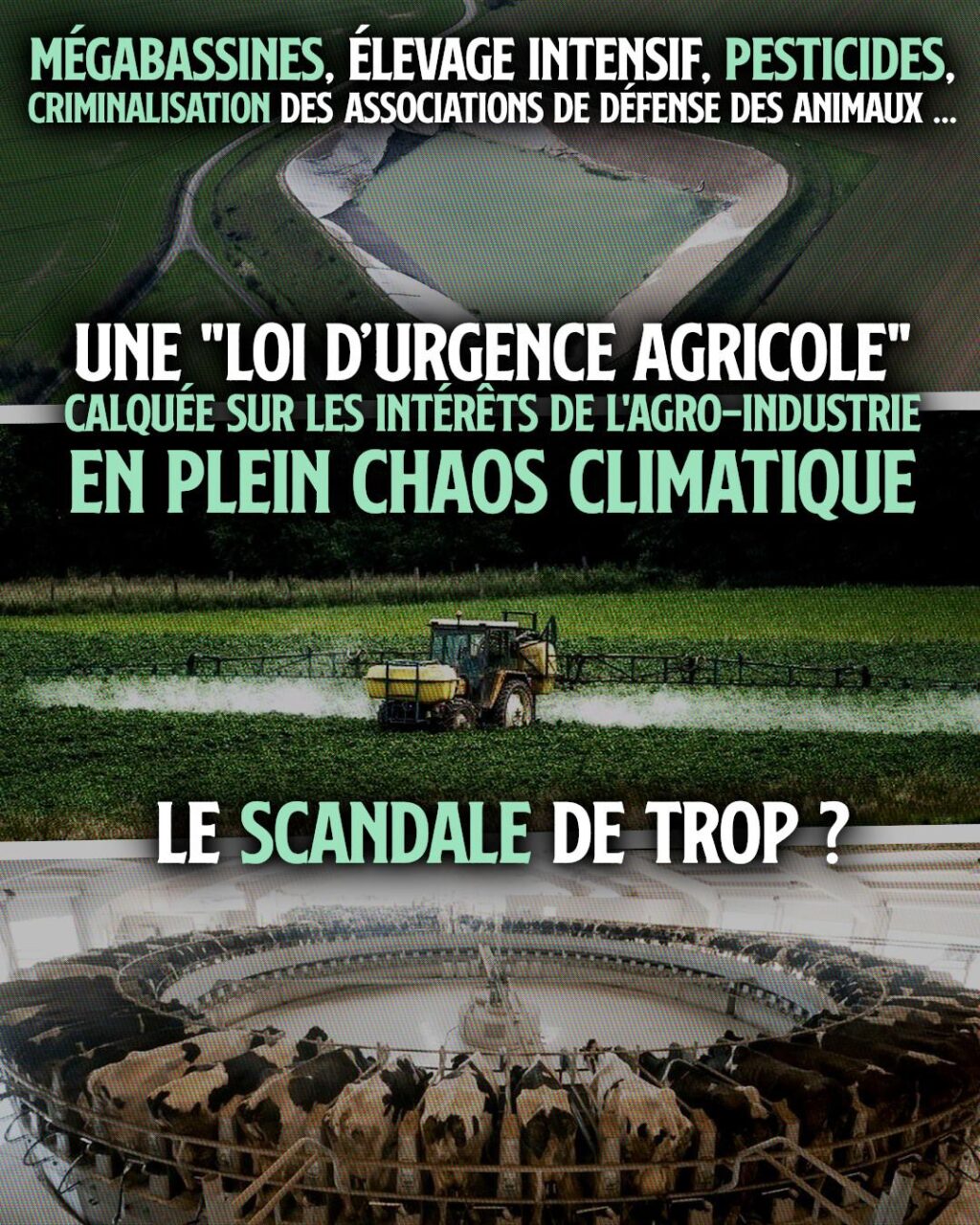 Une mégabassine, un tracteur qui épand des pesticides sur un champ et des vaches alignées sur une trayeuse : autant d
