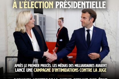Le Pen et Macron se serrent la main cordialement : les deux roulent pour le fascisme et une bourgeoisie radicalisée.