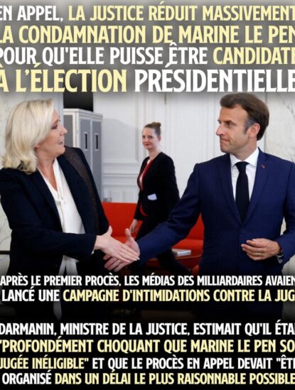 Le Pen et Macron se serrent la main cordialement : les deux roulent pour le fascisme et une bourgeoisie radicalisée.