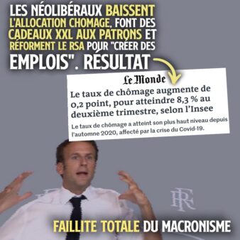 Emmanuel Macron enchaînant les promesses, alors que ses mesures augmentent le chômage et les inégalités.