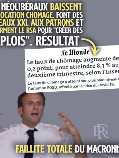 Emmanuel Macron enchaînant les promesses, alors que ses mesures augmentent le chômage et les inégalités.