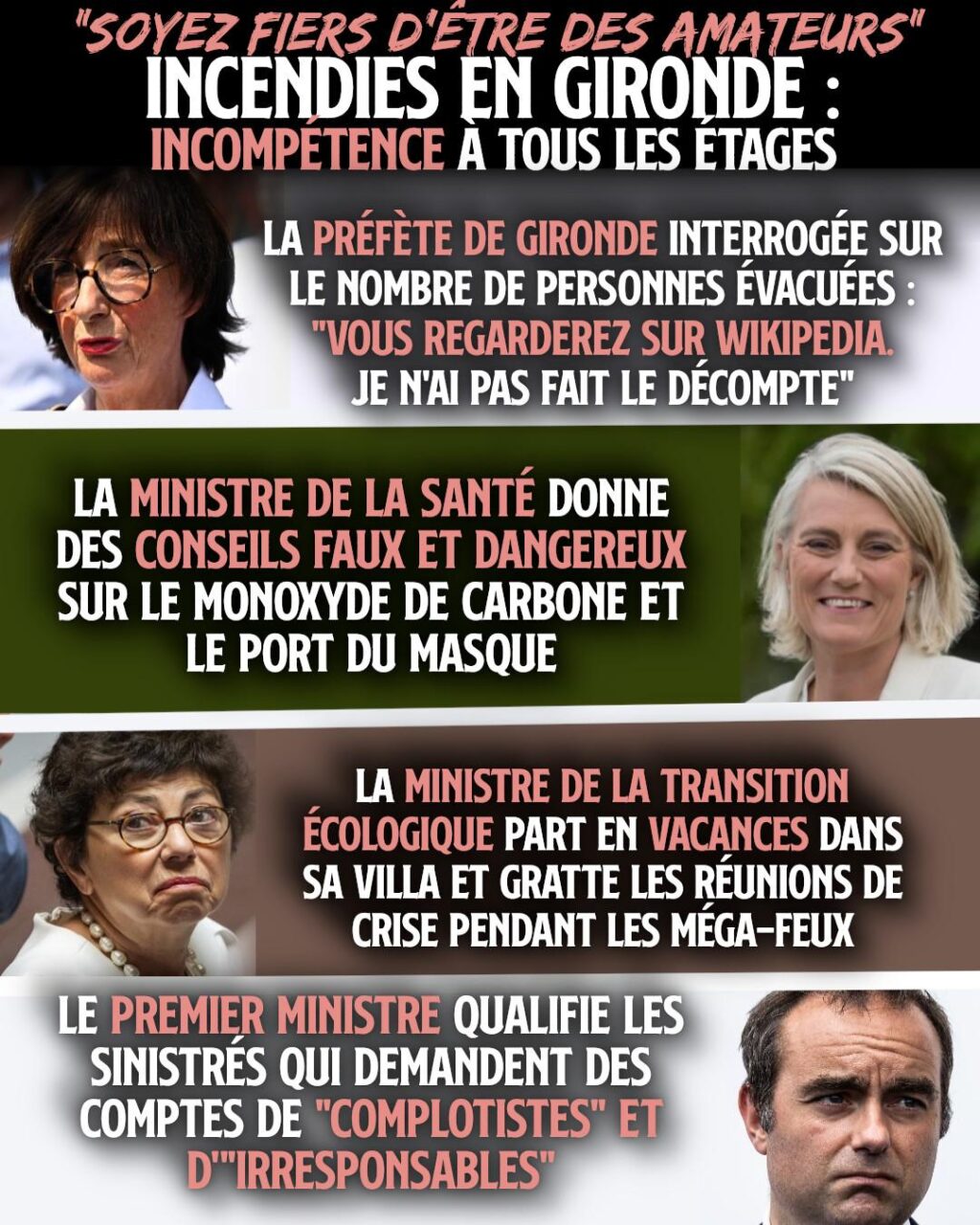 «Soyez fiers d’être des amateurs», avait déclaré Macron à ses députés qui avaient voté contre l’allongement des congés pour les parents ayant perdu un enfant, en 2020. «Amateur» est synonyme d’inhumain et dangereux, dans la langue du pouvoir. Une nouvelle preuve avec la gestion des gigantesques incendies en Gironde.