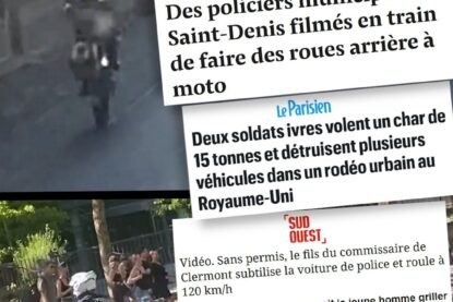 Des motards faisant des wheelings : les rodéos urbains ne se pratiquent pas que par des jeunes de banlieue populaire.