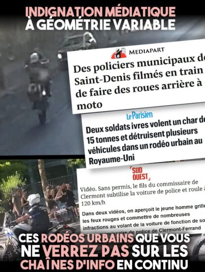 Des motards faisant des wheelings : les rodéos urbains ne se pratiquent pas que par des jeunes de banlieue populaire.
